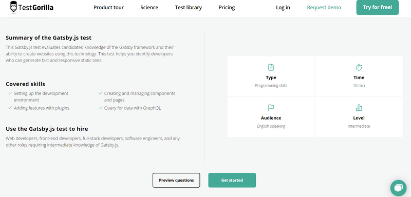 Gatsby.js test on testGorilla